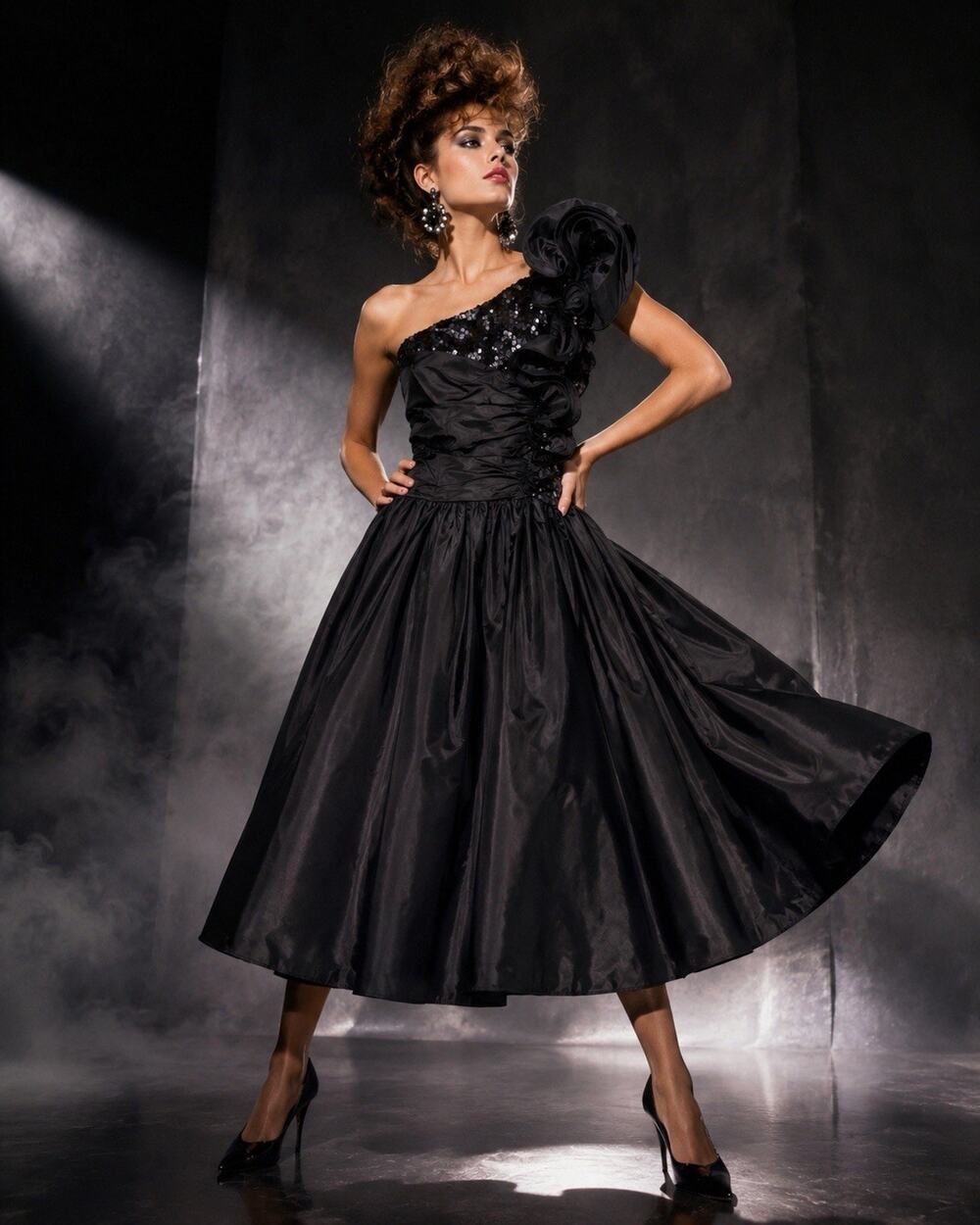 Vintage 80s Glamorous One Shoulder Sequin Ruffle Party Dress Nadine Size Medium